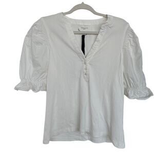 NWT Pomander Place Livia Puff Sleeve Blouse L White Ribbed Knit Cotton Poplin